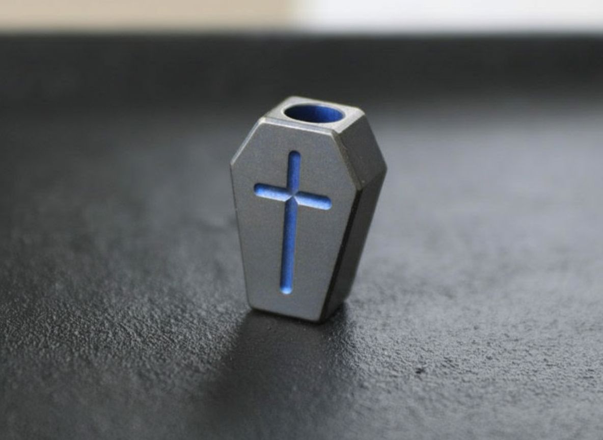 Memento Mori Titanium Coffin Lanyard Bead with Blue Anodized Accents