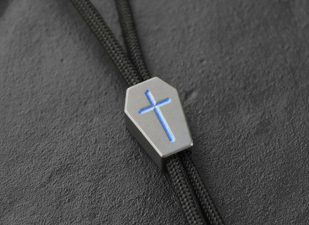 Memento Mori Titanium Coffin Lanyard Bead with Blue Anodized Accents