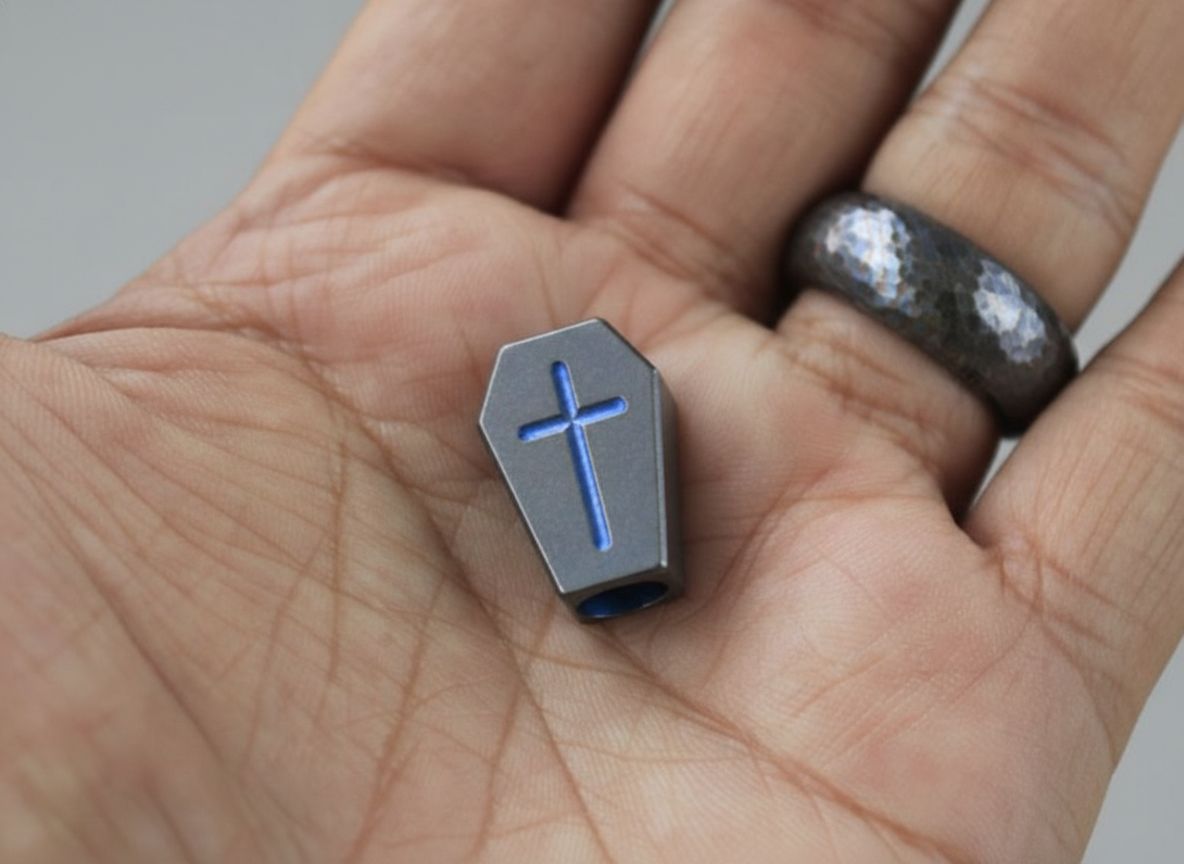Memento Mori Titanium Coffin Lanyard Bead with Blue Anodized Accents
