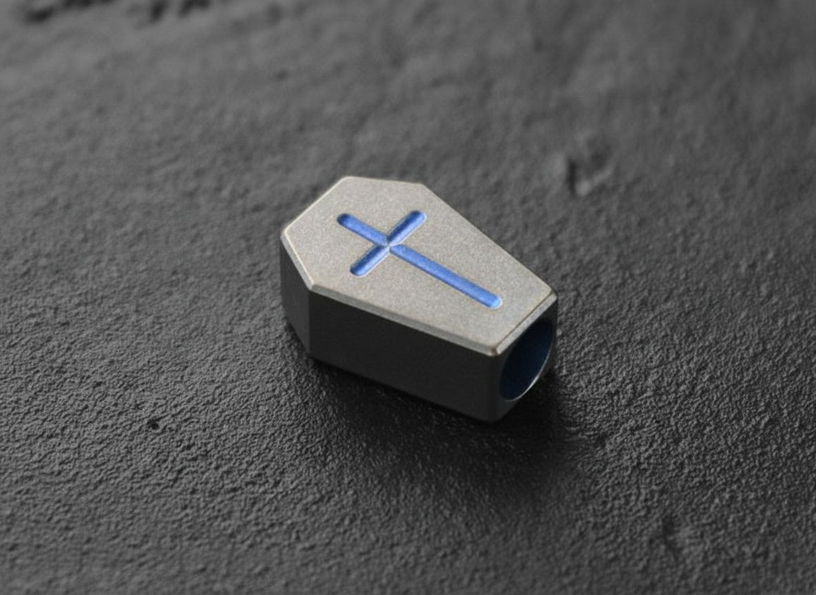 Memento Mori Titanium Coffin Lanyard Bead with Blue Anodized Accents