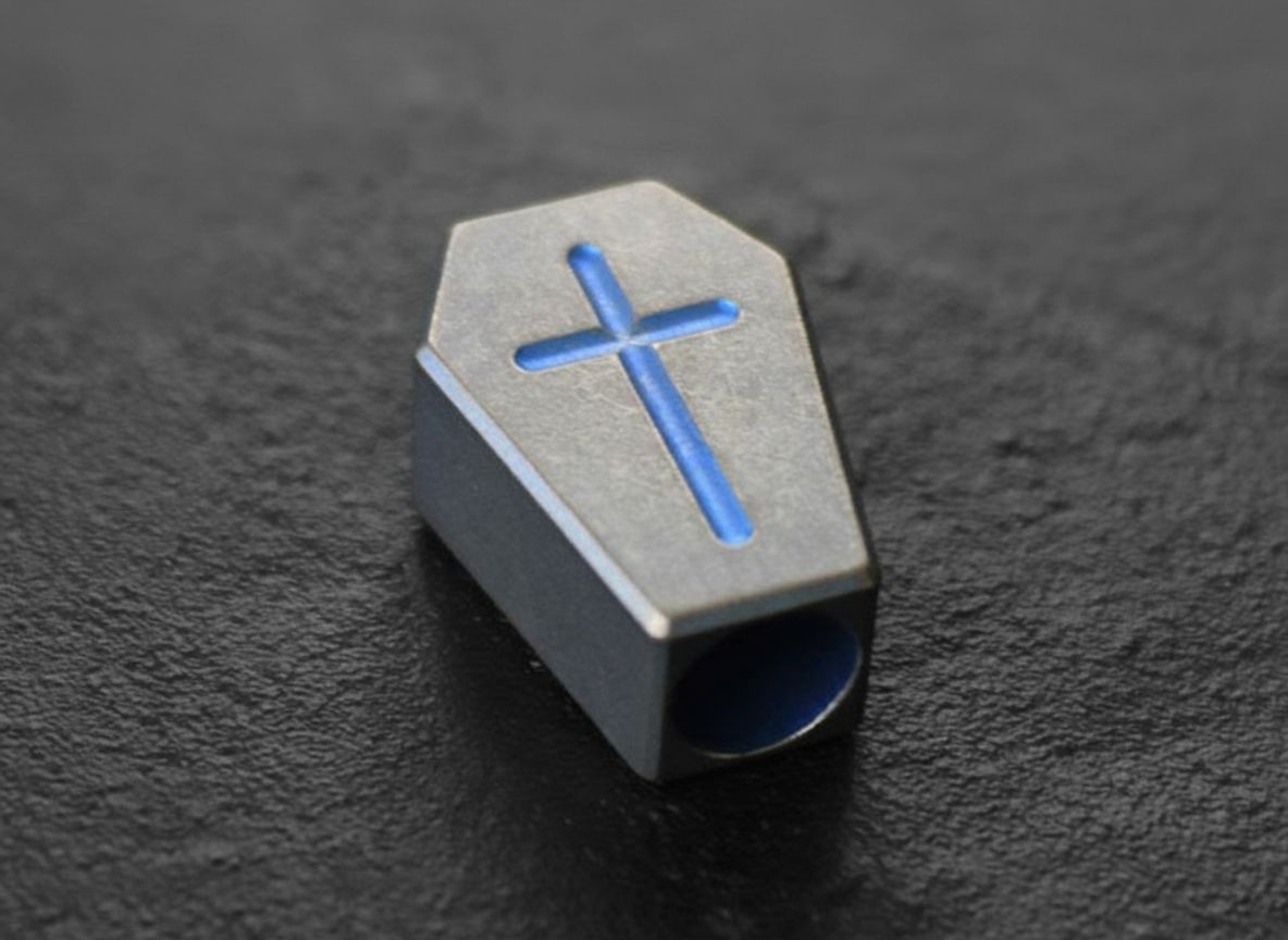 Memento Mori Titanium Coffin Lanyard Bead with Blue Anodized Accents