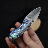 Miniature Damascus Steel Pocket Knife with Iridescent Abalone Shell Handle