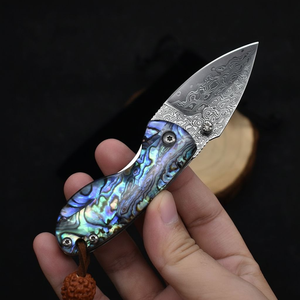 Miniature Damascus Steel Pocket Knife with Iridescent Abalone Shell Handle