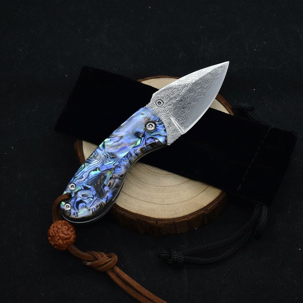 Miniature Damascus Steel Pocket Knife with Iridescent Abalone Shell Handle