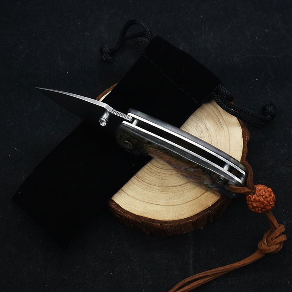 Miniature Damascus Steel Pocket Knife with Iridescent Abalone Shell Handle