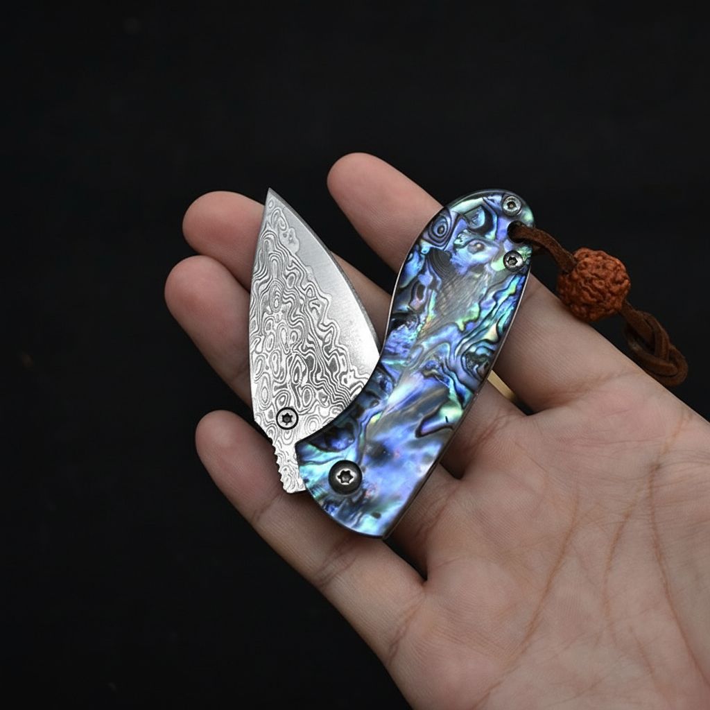 Miniature Damascus Steel Pocket Knife with Iridescent Abalone Shell Handle