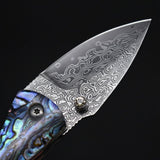 Miniature Damascus Steel Pocket Knife with Iridescent Abalone Shell Handle