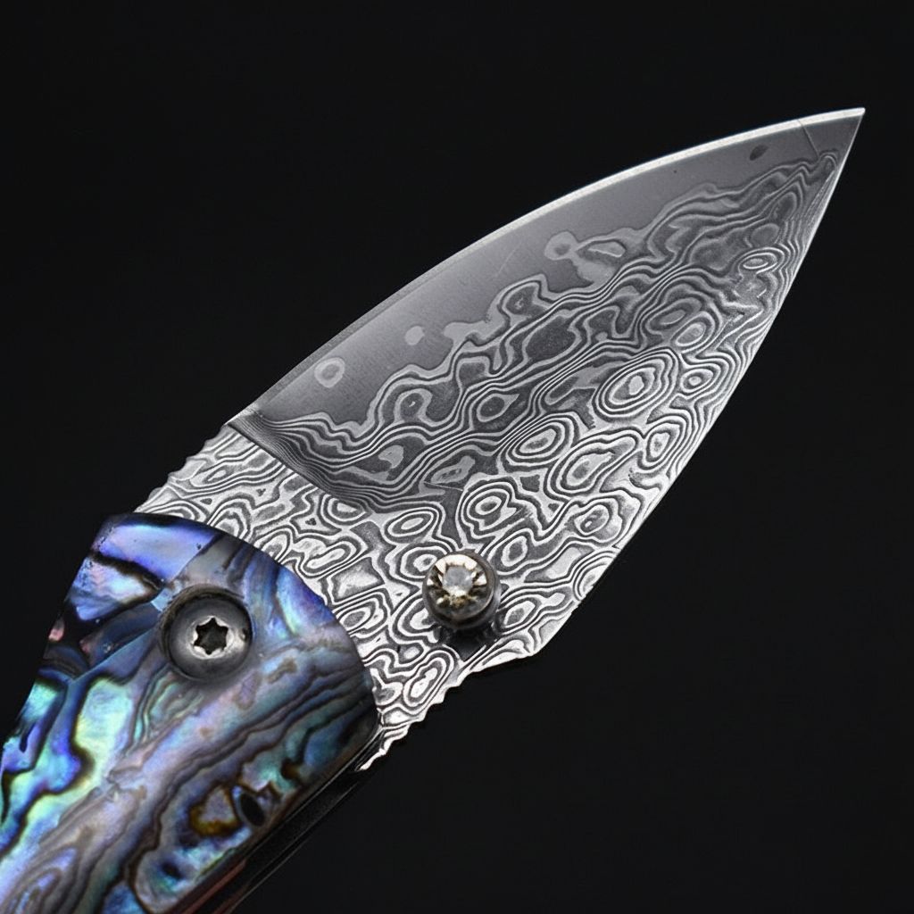 Miniature Damascus Steel Pocket Knife with Iridescent Abalone Shell Handle