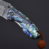 Miniature Damascus Steel Pocket Knife with Iridescent Abalone Shell Handle
