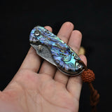 Miniature Damascus Steel Pocket Knife with Iridescent Abalone Shell Handle