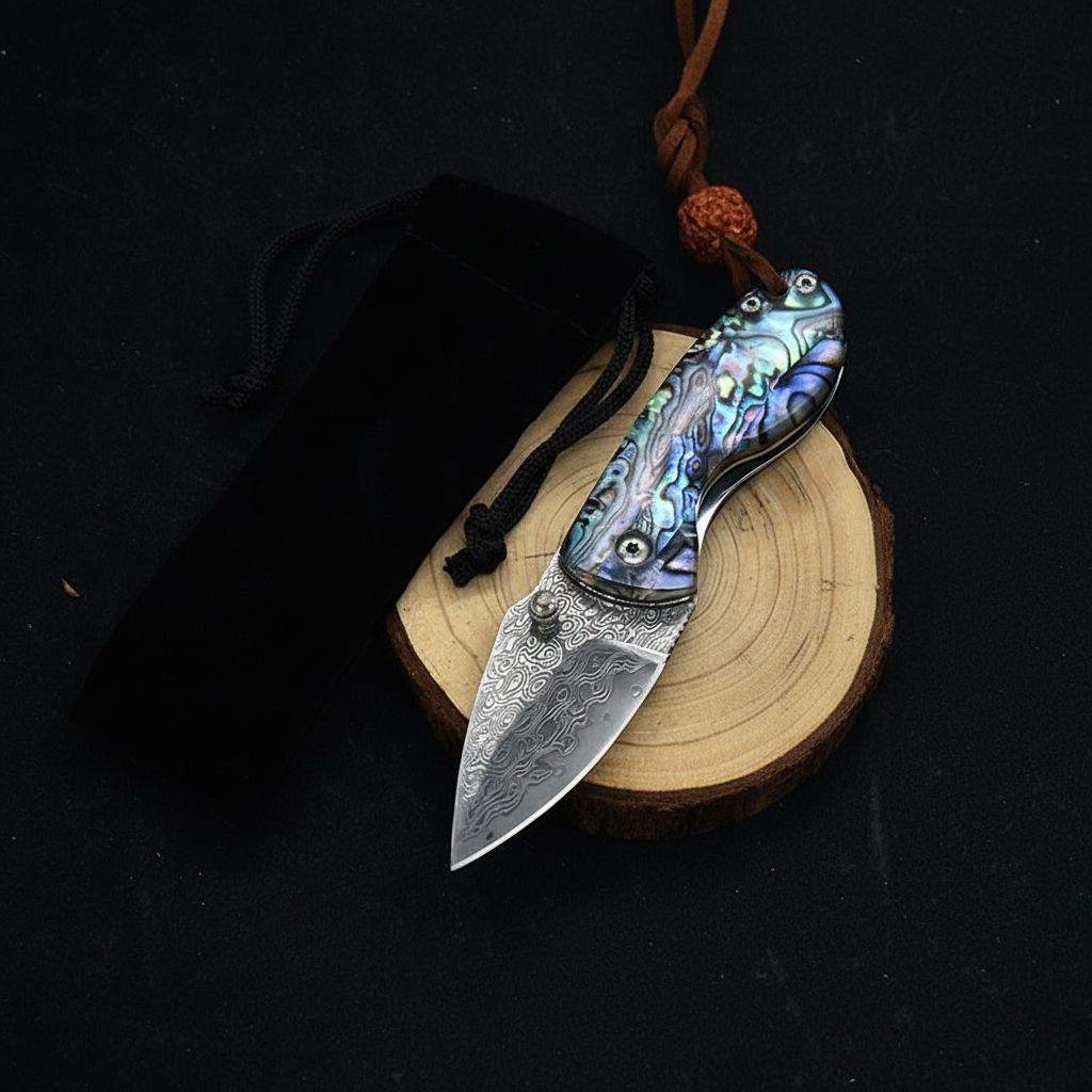 Miniature Damascus Steel Pocket Knife with Iridescent Abalone Shell Handle