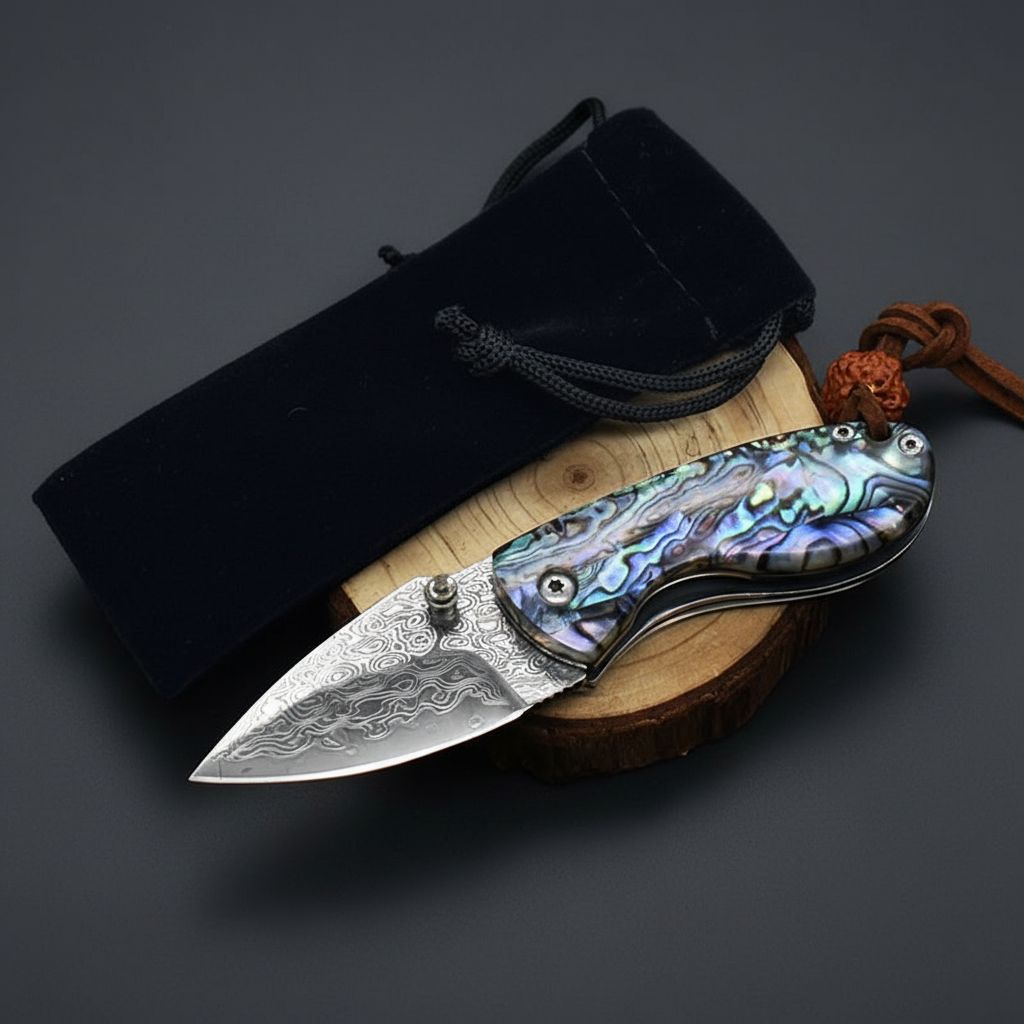 Miniature Damascus Steel Pocket Knife with Iridescent Abalone Shell Handle
