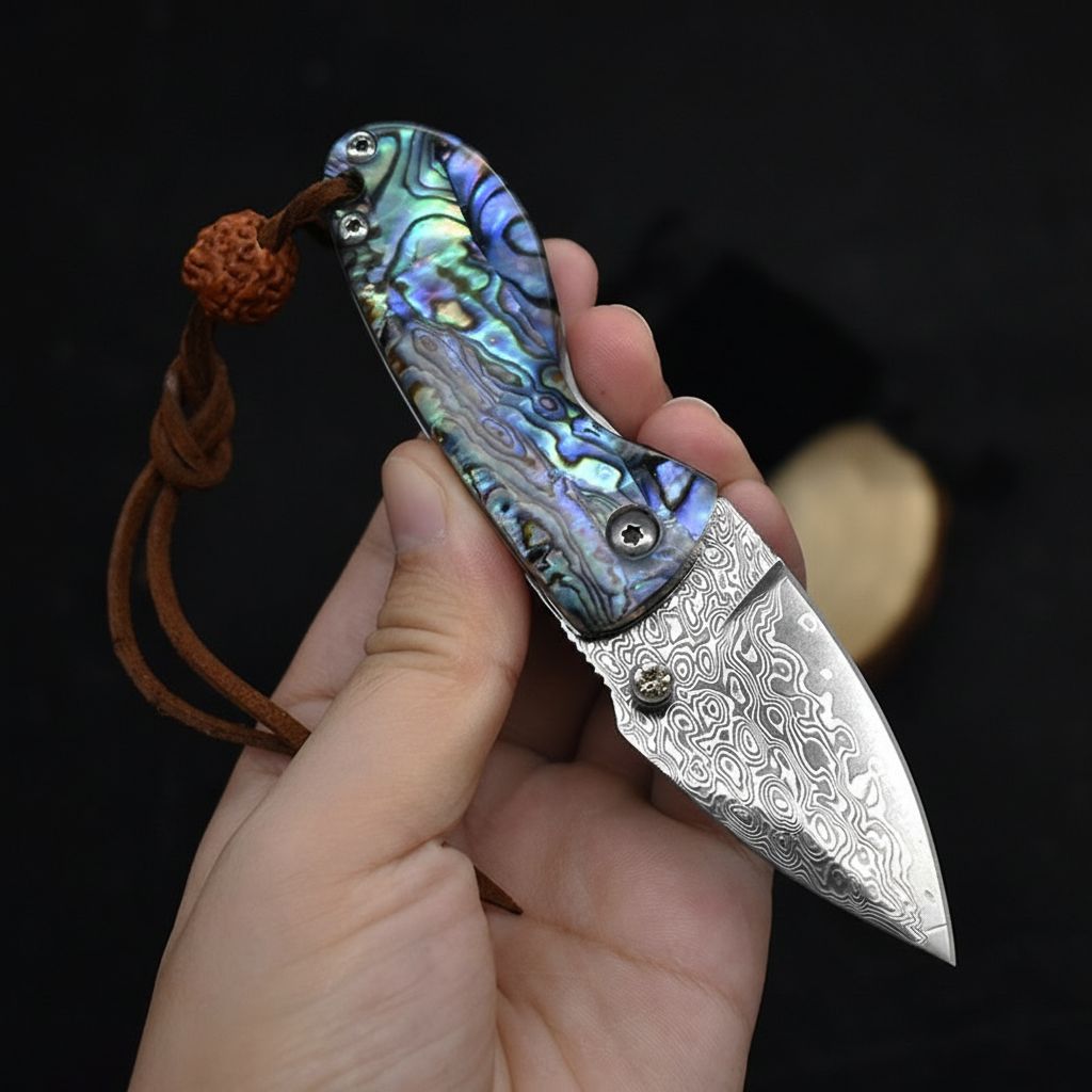 Miniature Damascus Steel Pocket Knife with Iridescent Abalone Shell Handle