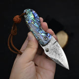 Miniature Damascus Steel Pocket Knife with Iridescent Abalone Shell Handle