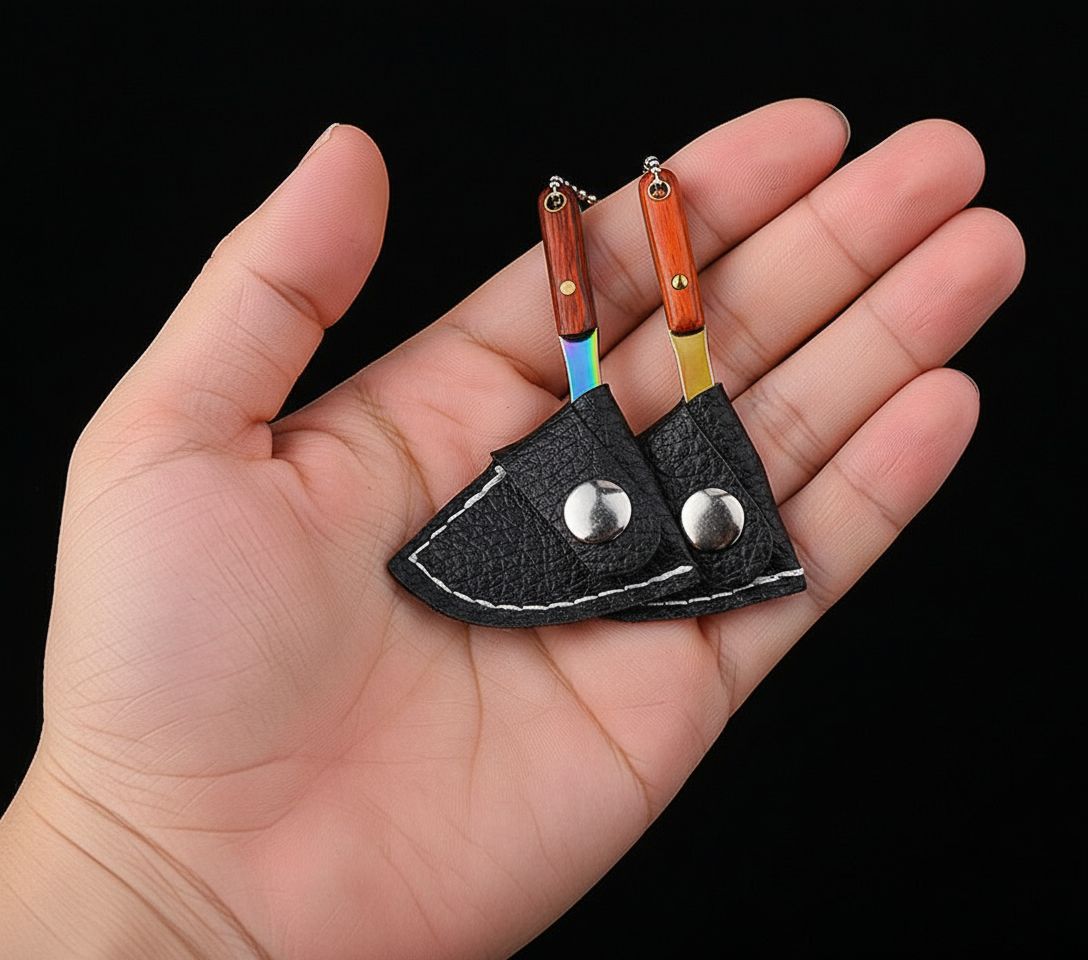 Miniature Sickle Keychain Tool with Rosewood Handle and Leather Sheath