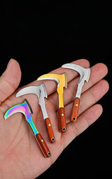 Miniature Sickle Keychain Tool with Rosewood Handle and Leather Sheath
