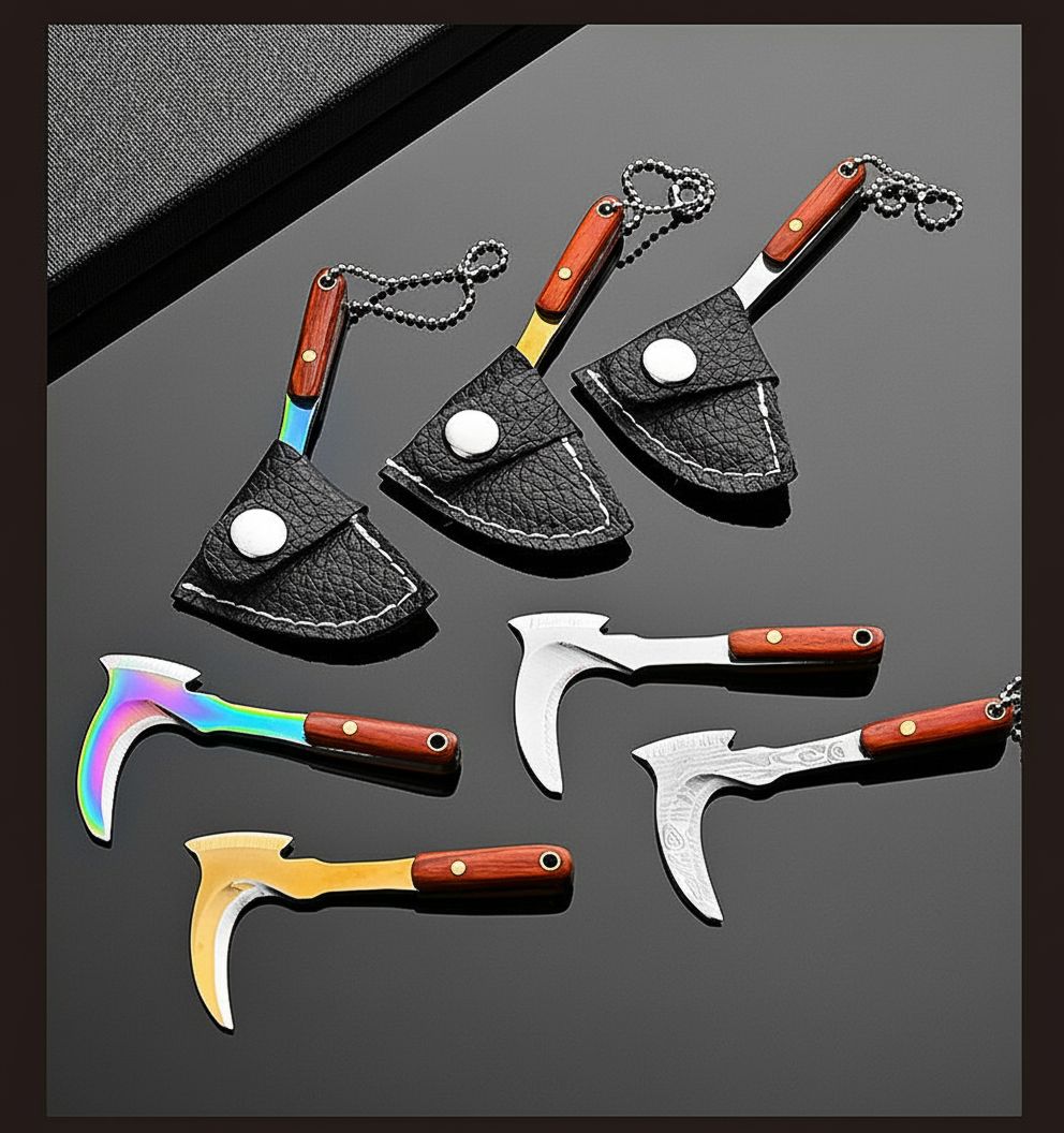 Miniature Sickle Keychain Tool with Rosewood Handle and Leather Sheath