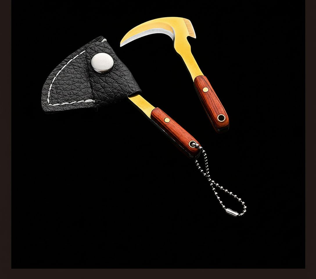 Miniature Sickle Keychain Tool with Rosewood Handle and Leather Sheath
