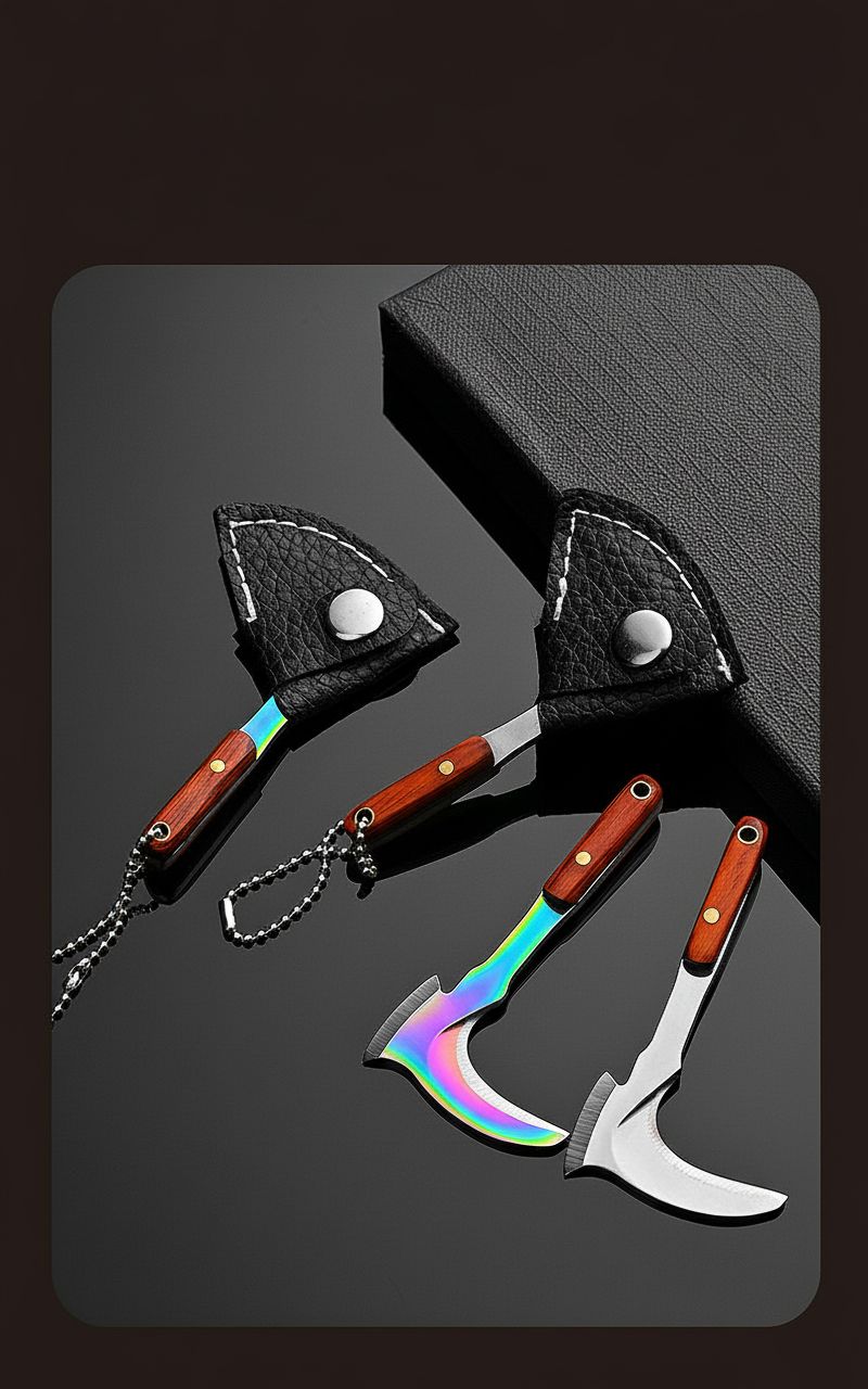 Miniature Sickle Keychain Tool with Rosewood Handle and Leather Sheath