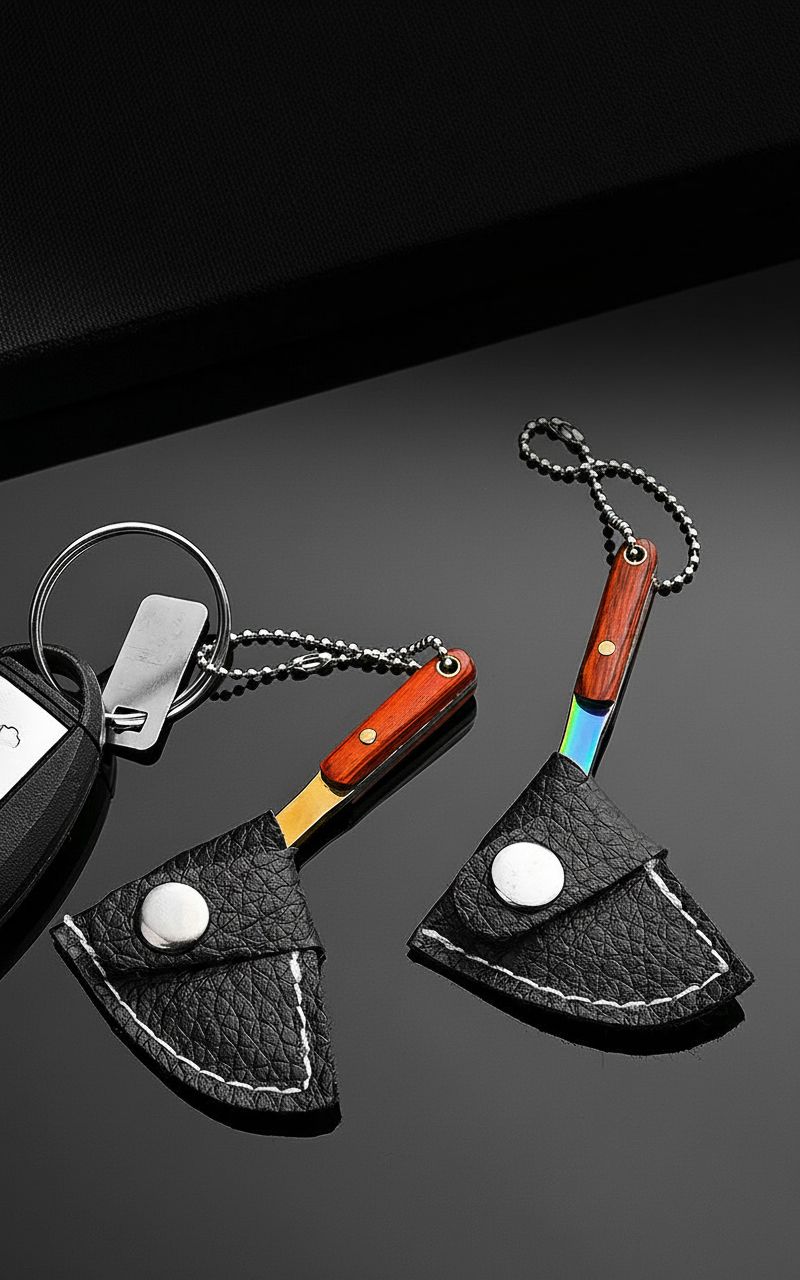 Miniature Sickle Keychain Tool with Rosewood Handle and Leather Sheath