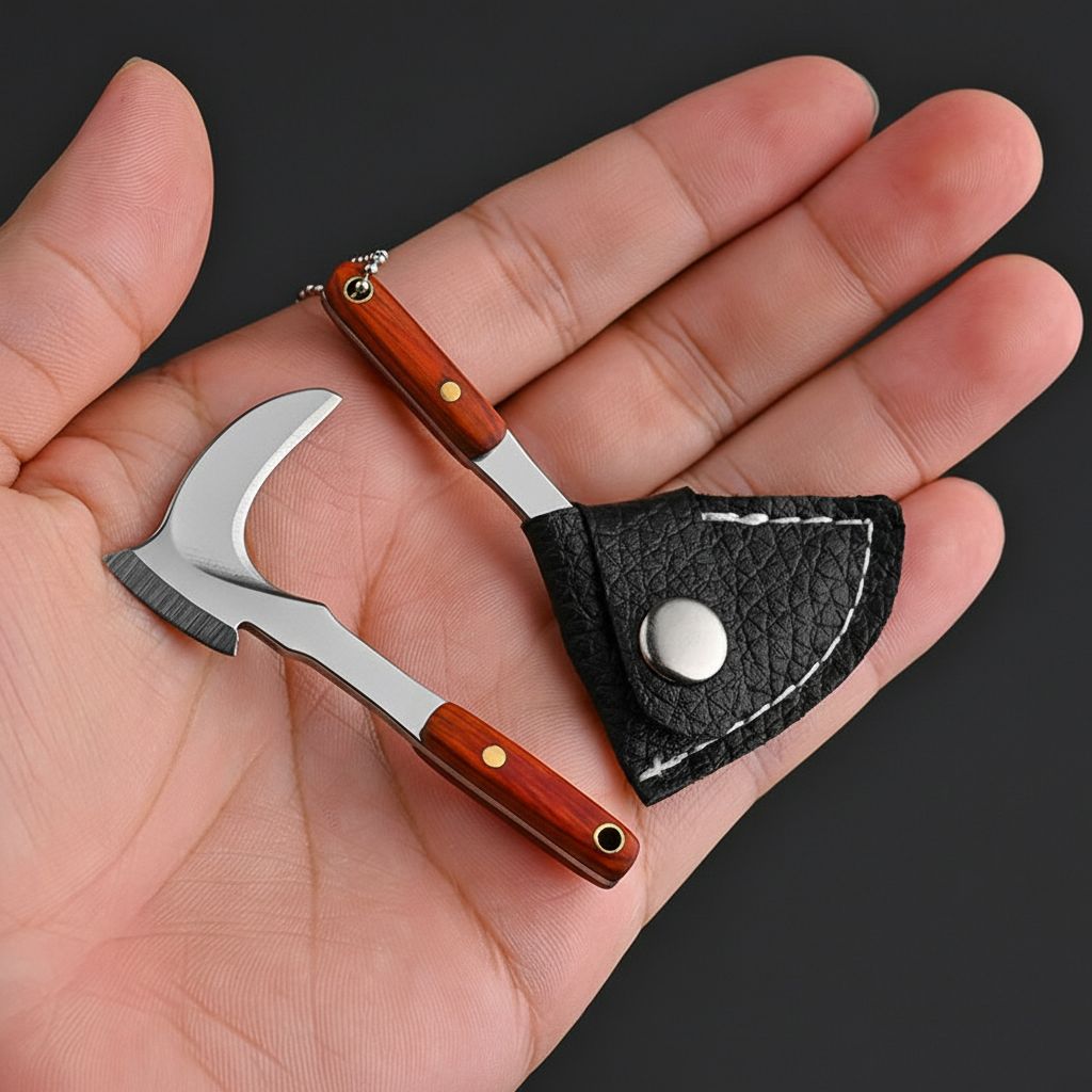 Miniature Sickle Keychain Tool with Rosewood Handle and Leather Sheath