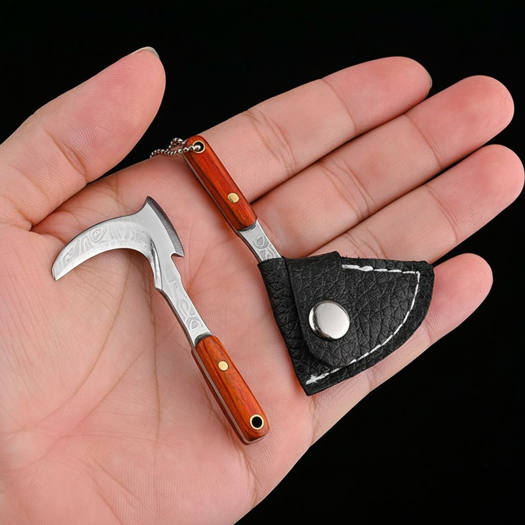 Miniature Sickle Keychain Tool with Rosewood Handle and Leather Sheath