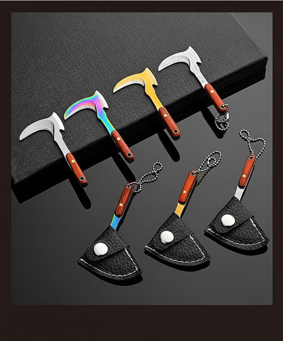 Miniature Sickle Keychain Tool with Rosewood Handle and Leather Sheath