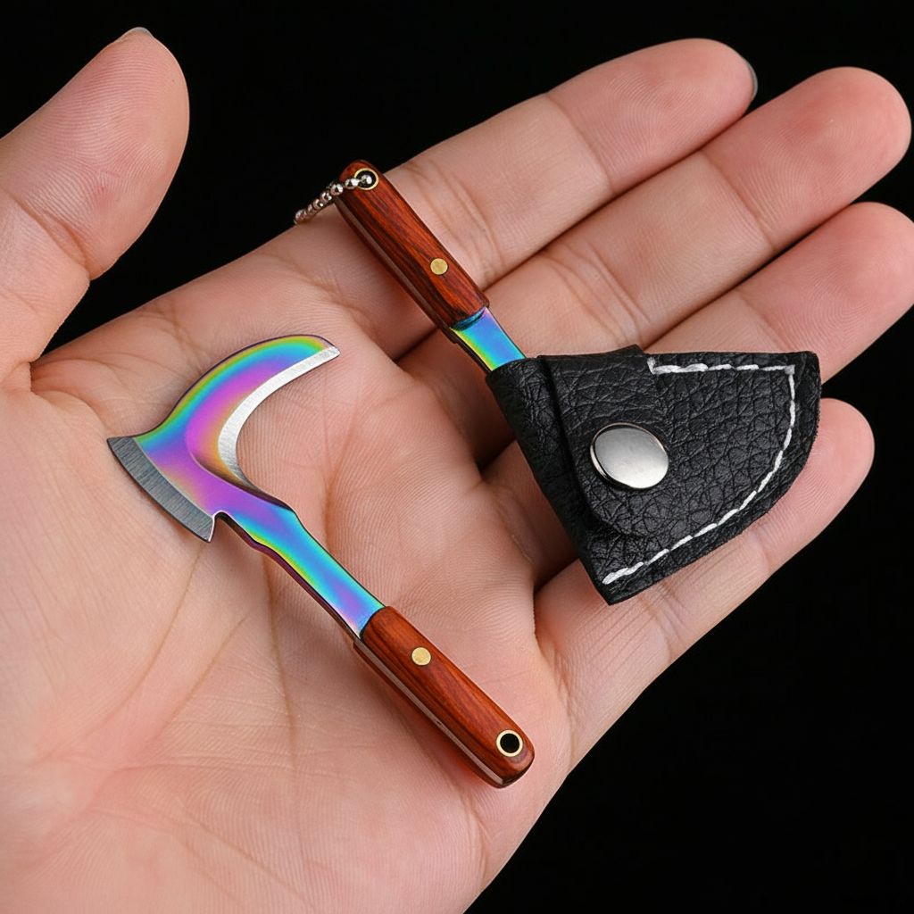 Miniature Sickle Keychain Tool with Rosewood Handle and Leather Sheath
