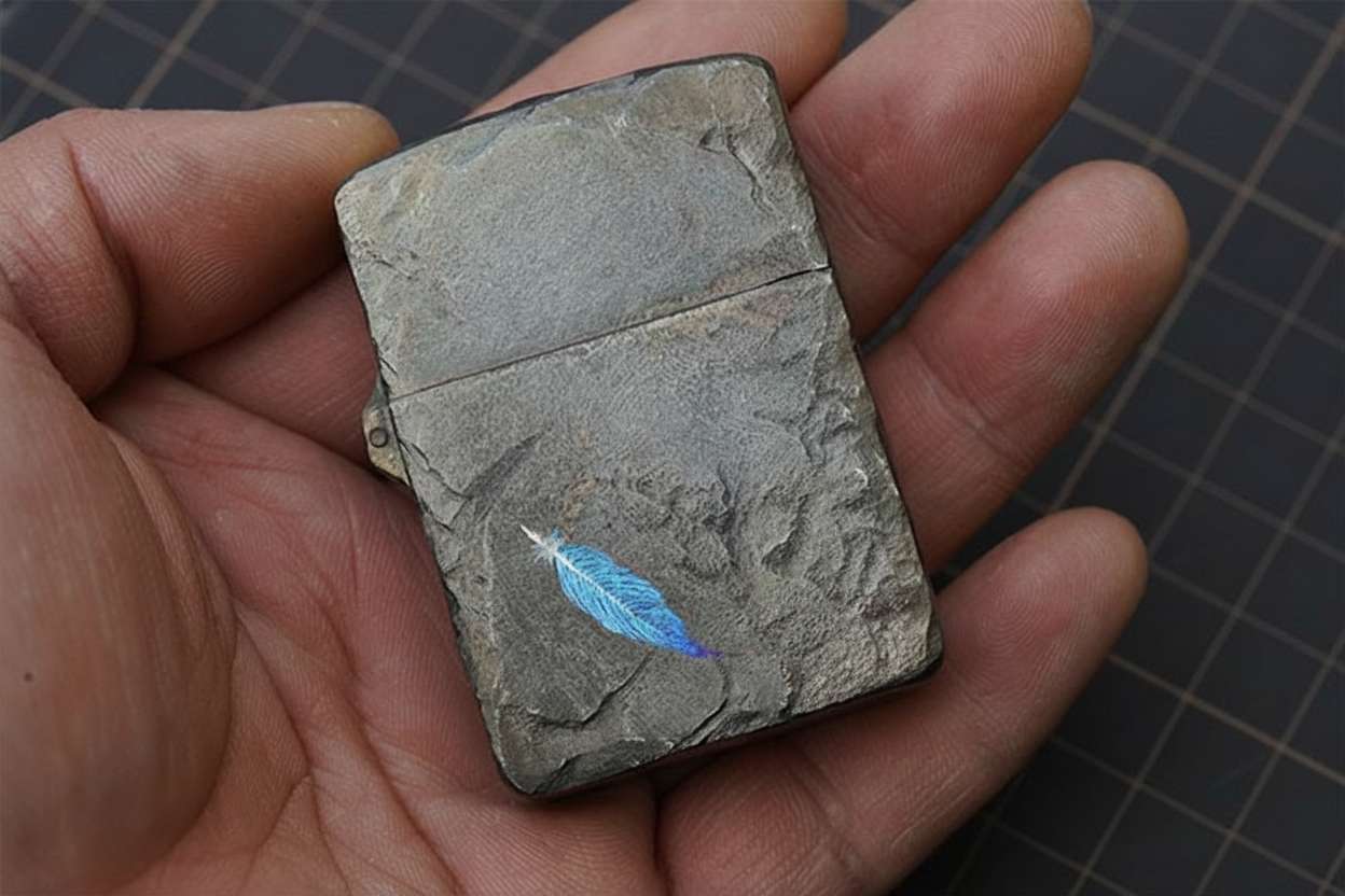 Titanium Alloy Handcrafted Stone-Texture Feather Lighter Case